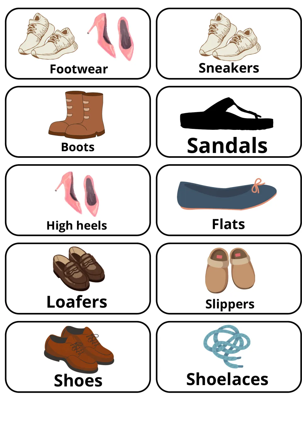 Footwear vocabulary: 10 picture cards naming shoe types such as sneakers, boots, sandals, high heels, loafers and slippers