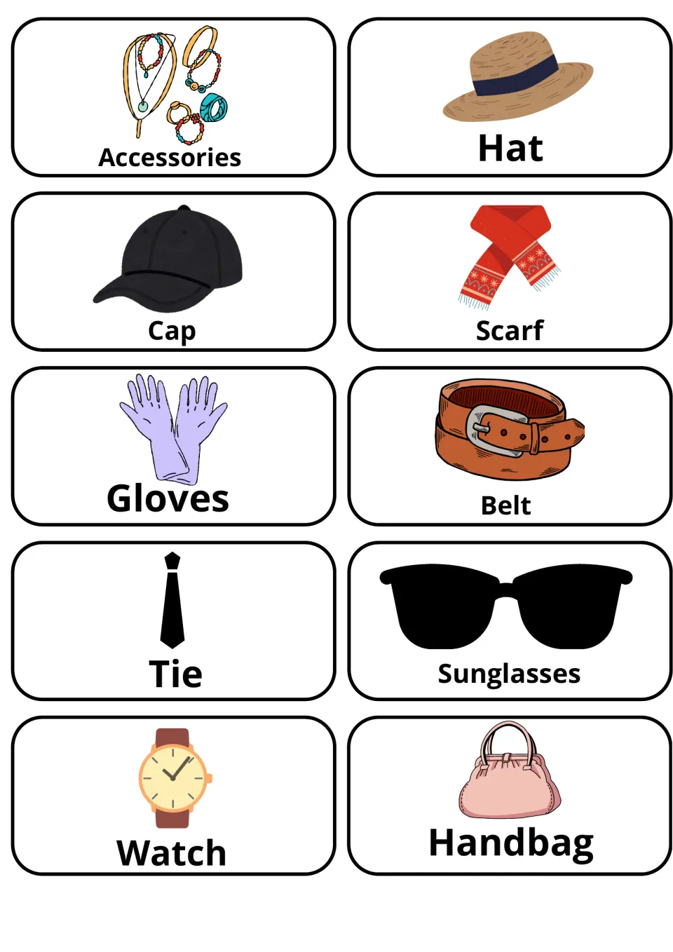 Accessories vocabulary: picture cards labeling hat, cap, scarf, gloves, belt, tie, sunglasses, watch and handbag