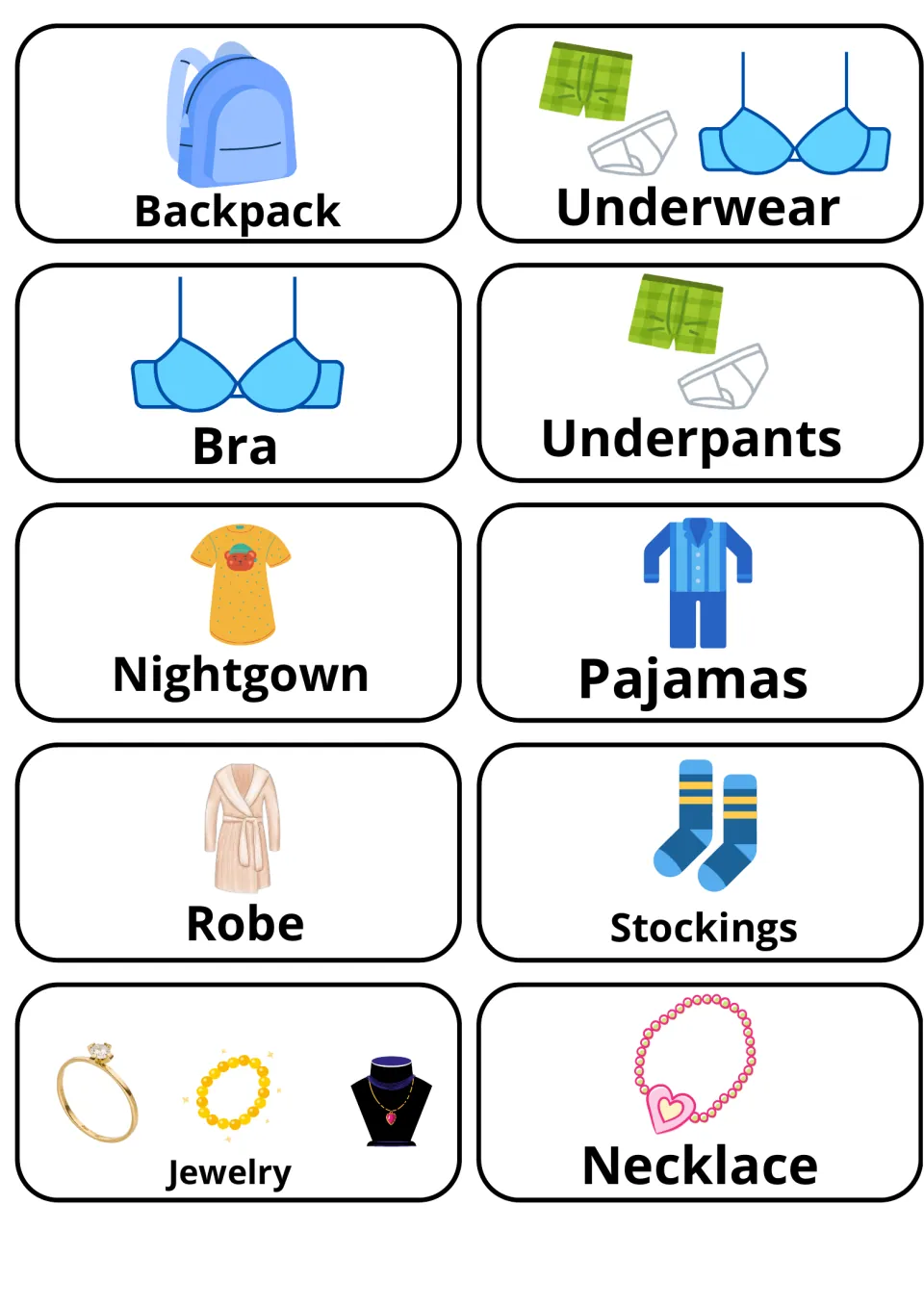 Underwear, sleepwear and jewelry: picture cards naming backpack, bra, underpants, nightgown, pajamas, robe and necklace