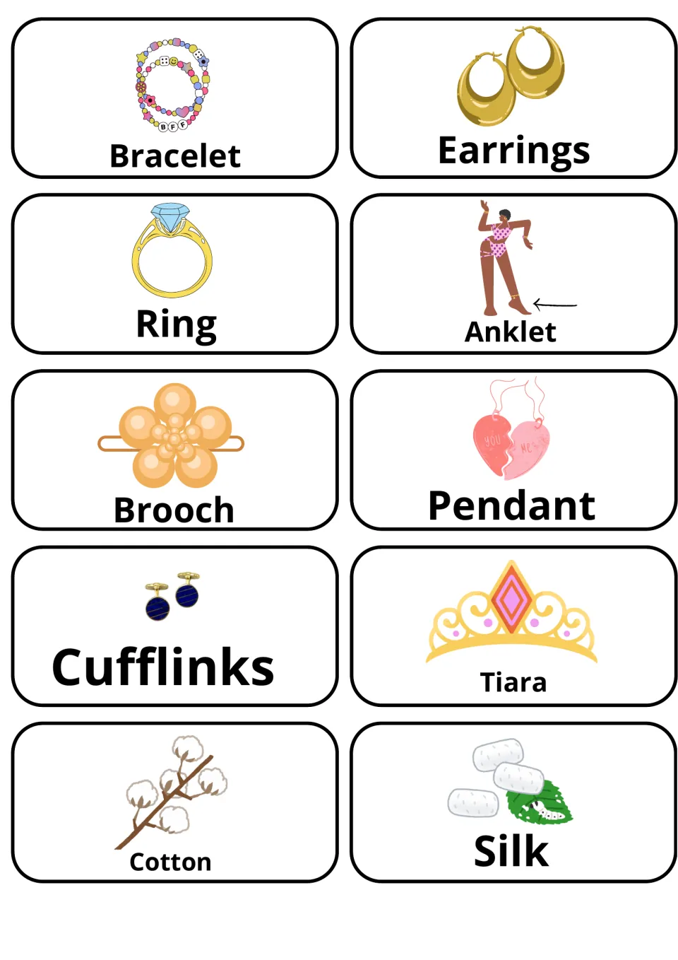 Jewelry and fabric words: picture cards for bracelet, earrings, ring, anklet, brooch, pendant, cufflinks, cotton and silk