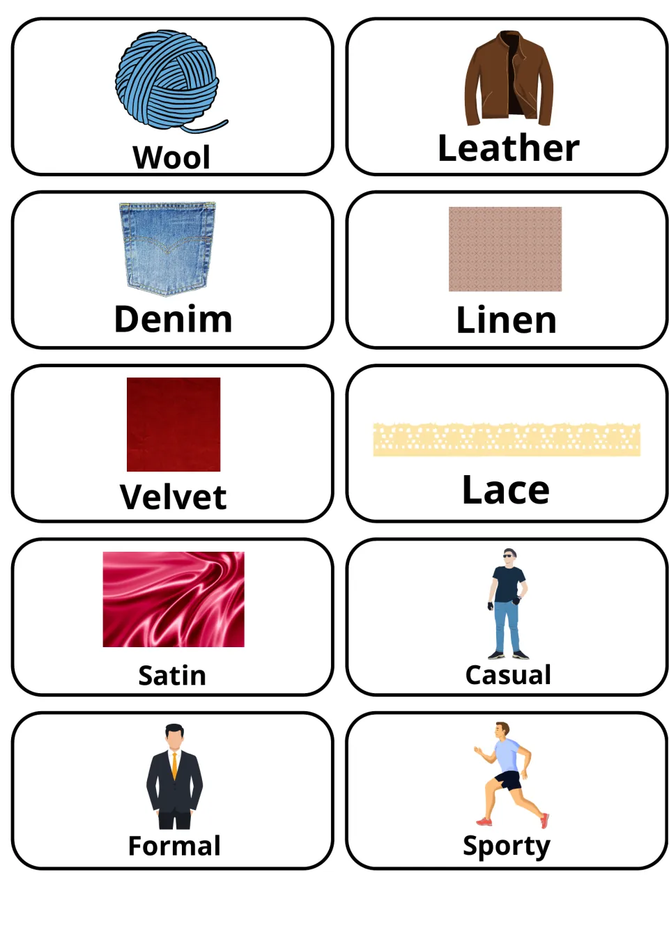 Fabrics and clothing styles: picture cards for wool, leather, denim, velvet, lace and satin, plus casual, formal, sporty