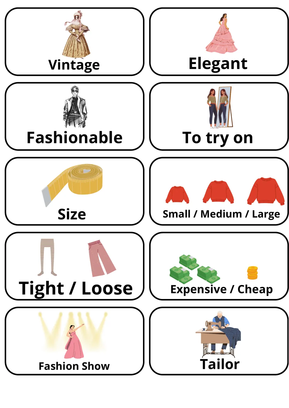 Fashion and shopping words: picture cards for vintage, elegant, to try on, size, tight/loose, expensive/cheap and tailor