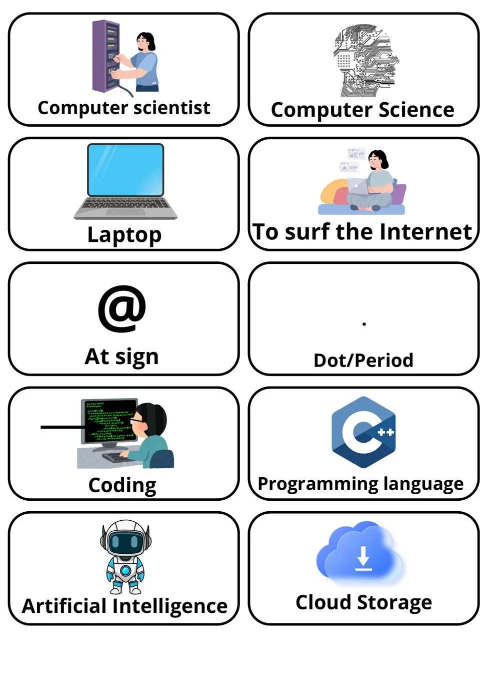 Tech vocabulary: 10 picture flashcards for computer scientist, laptop, at sign, dot, coding, AI and cloud storage
