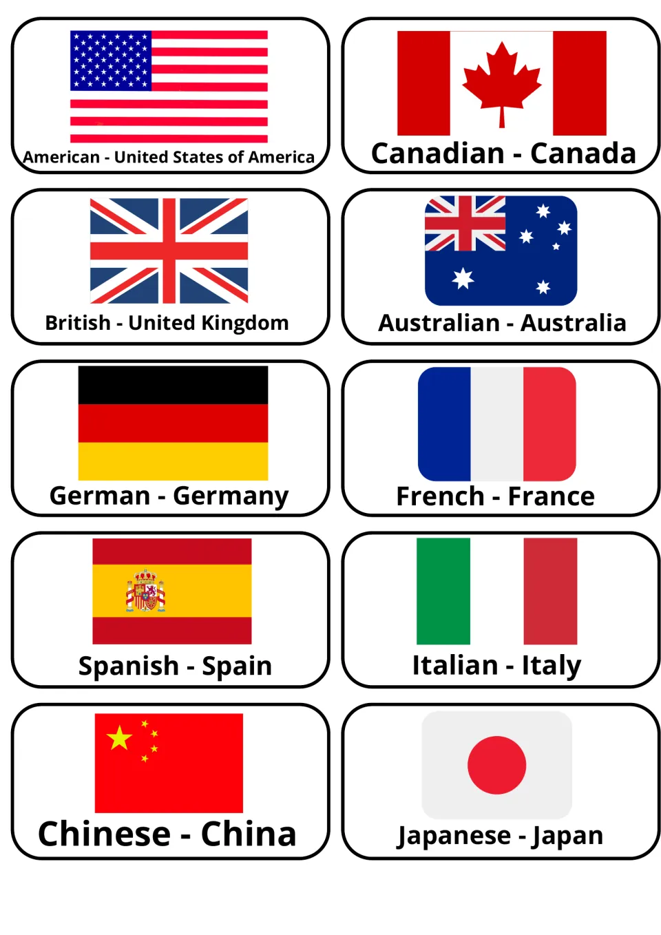 Country and nationality flashcards 1–10: American–United States, Canadian–Canada and eight more, with flags