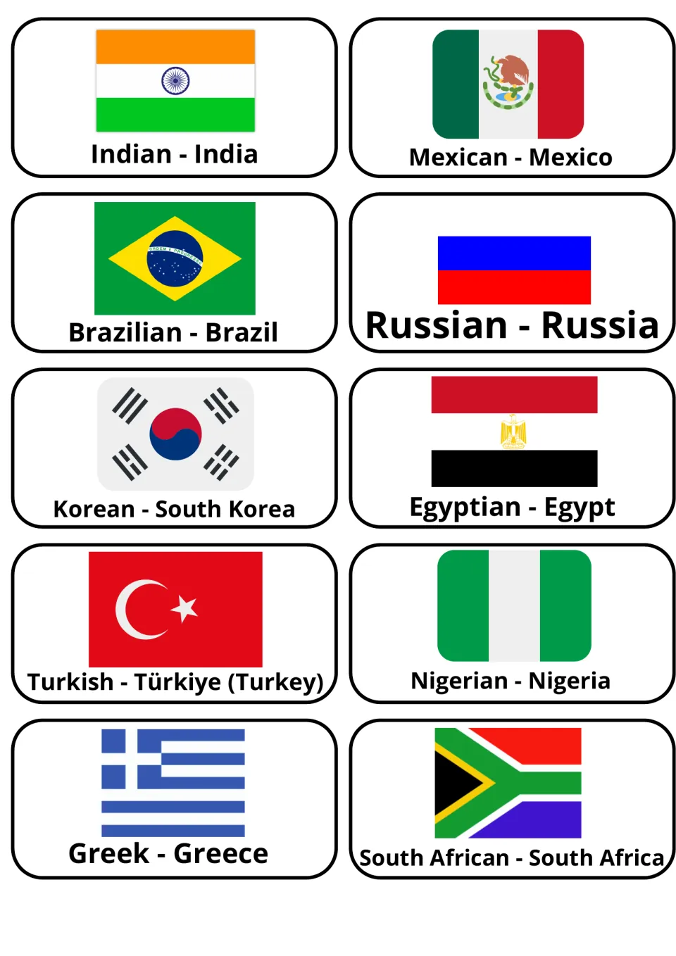 Country and nationality flashcards 11–20: Indian–India, Mexican–Mexico and eight more, with flags