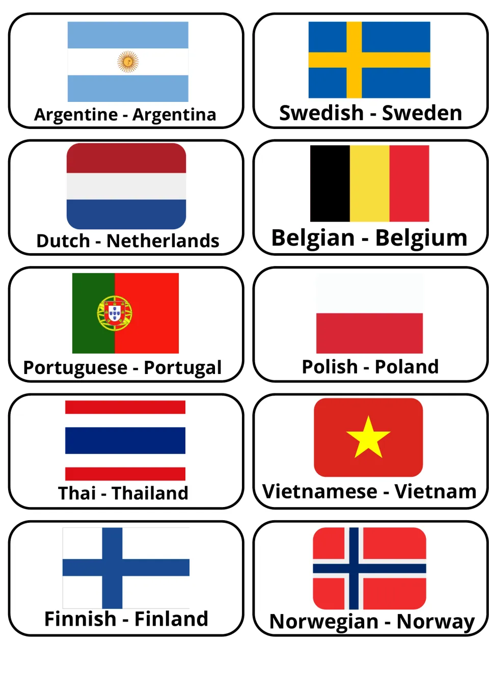 Country and nationality flashcards 21–30: Argentine–Argentina, Swedish–Sweden and eight more, with flags