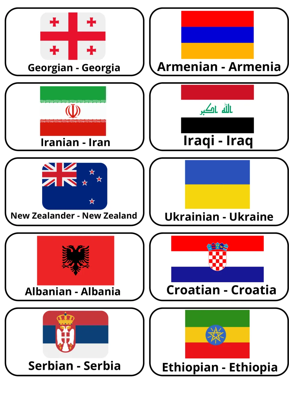 Country and nationality flashcards 31–40: Georgian–Georgia, Armenian–Armenia and eight more, with flags