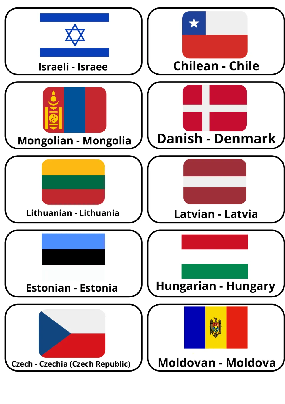 Country and nationality flashcards 41–50: Chilean–Chile, Mongolian–Mongolia and eight more, with flags