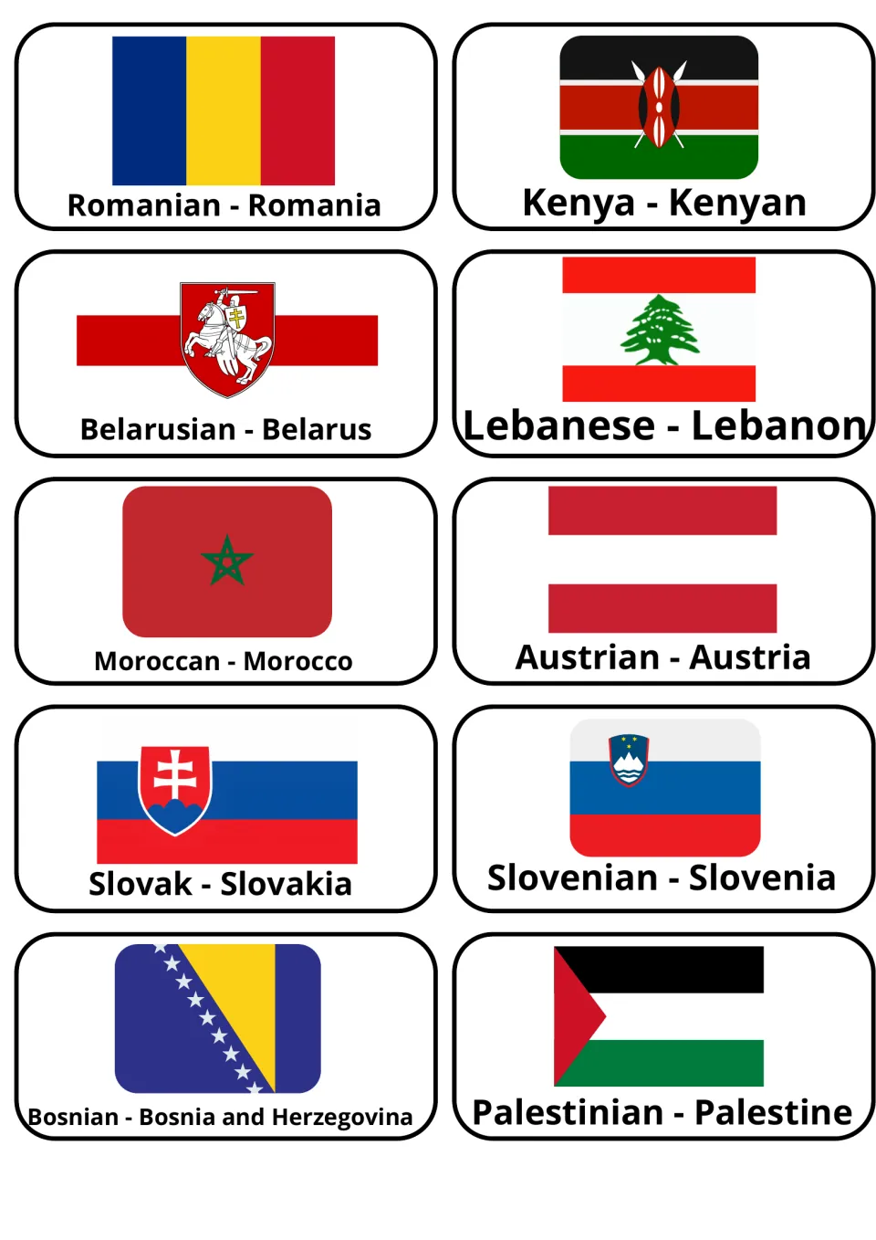 Country and nationality flashcards 51–60: Romanian–Romania, Lebanese–Lebanon and eight more, with flags