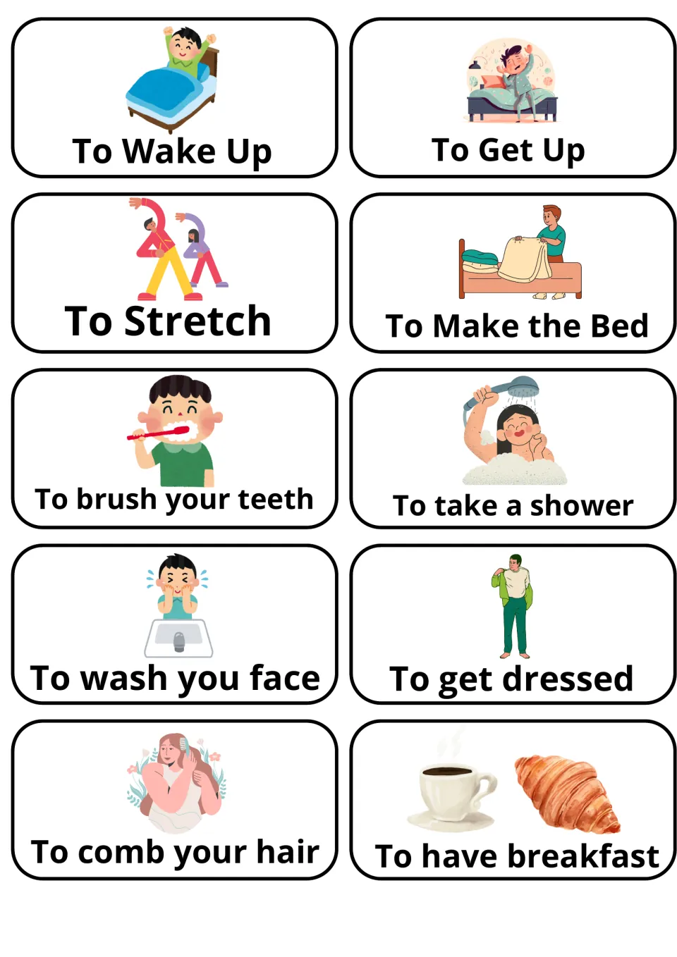 Morning routine flashcards: 10 picture cards for phrases like to wake up, to stretch, to brush your teeth, to get dressed