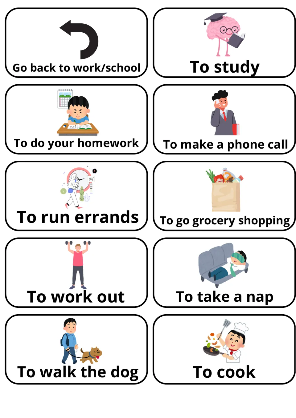 Afternoon routine picture cards: do your homework, study, run errands, go grocery shopping, walk the dog, cook