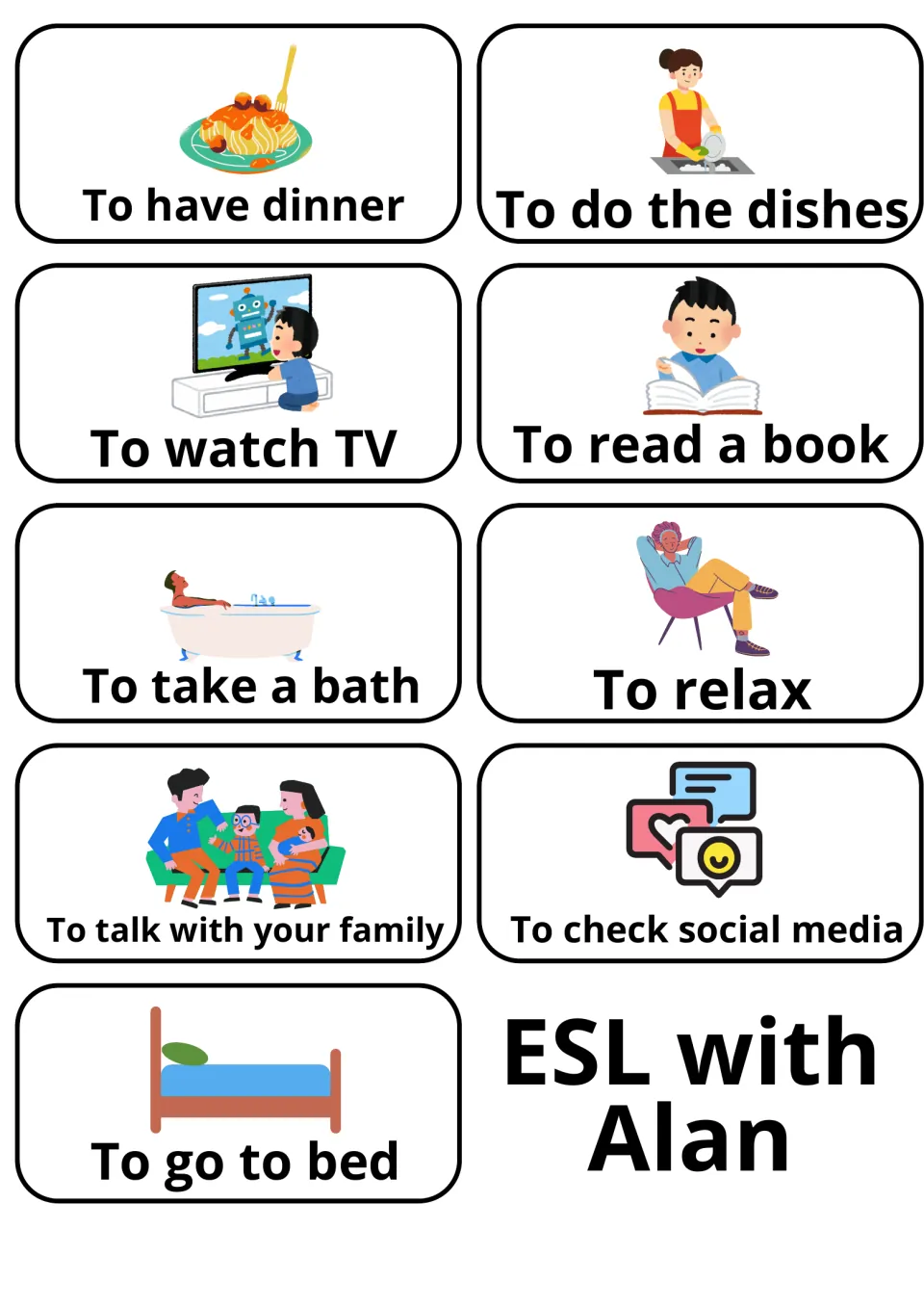 Evening routine flashcards: have dinner, do the dishes, watch TV, take a bath, go to bed, plus an ESL with Alan logo card