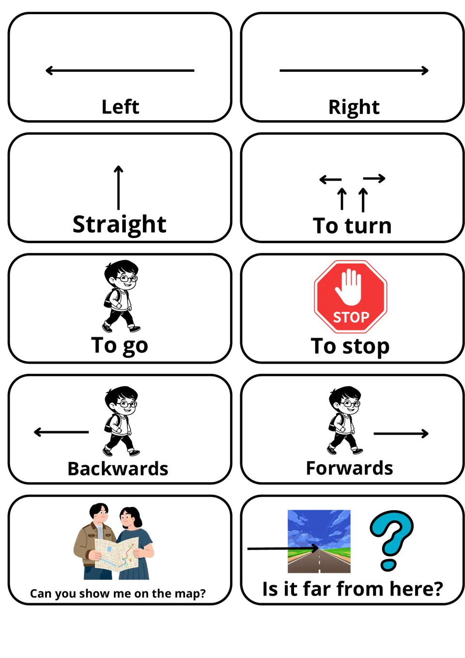 Direction word picture cards: left, right, straight, to turn, to go, to stop, backwards, forwards and 2 travel questions