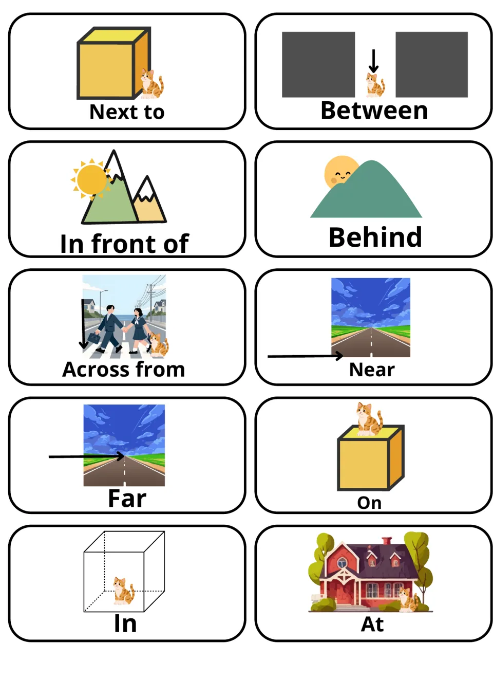 Prepositions of place picture cards: next to, between, in front of, behind, across from, near, far, on, in and at