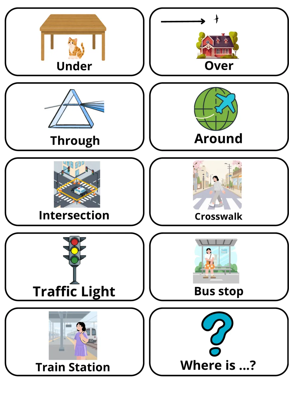 Movement and street place picture cards: under, over, through, around, intersection, traffic light, bus stop