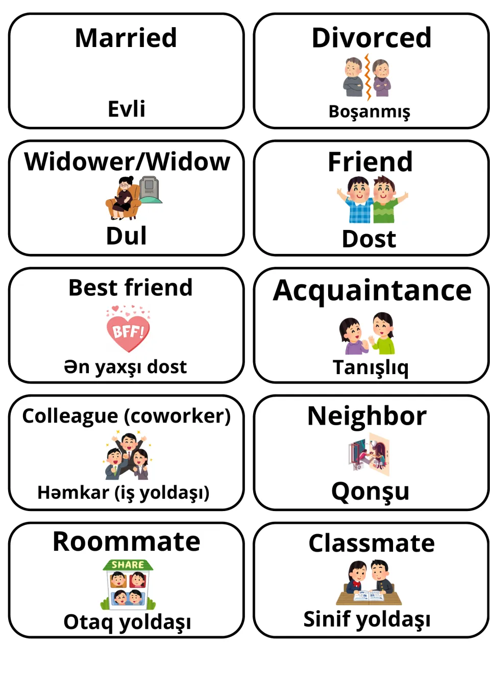 Marital status and social ties: Married, Divorced, Friend, Neighbor, Colleague, Classmate cards with Azerbaijani words