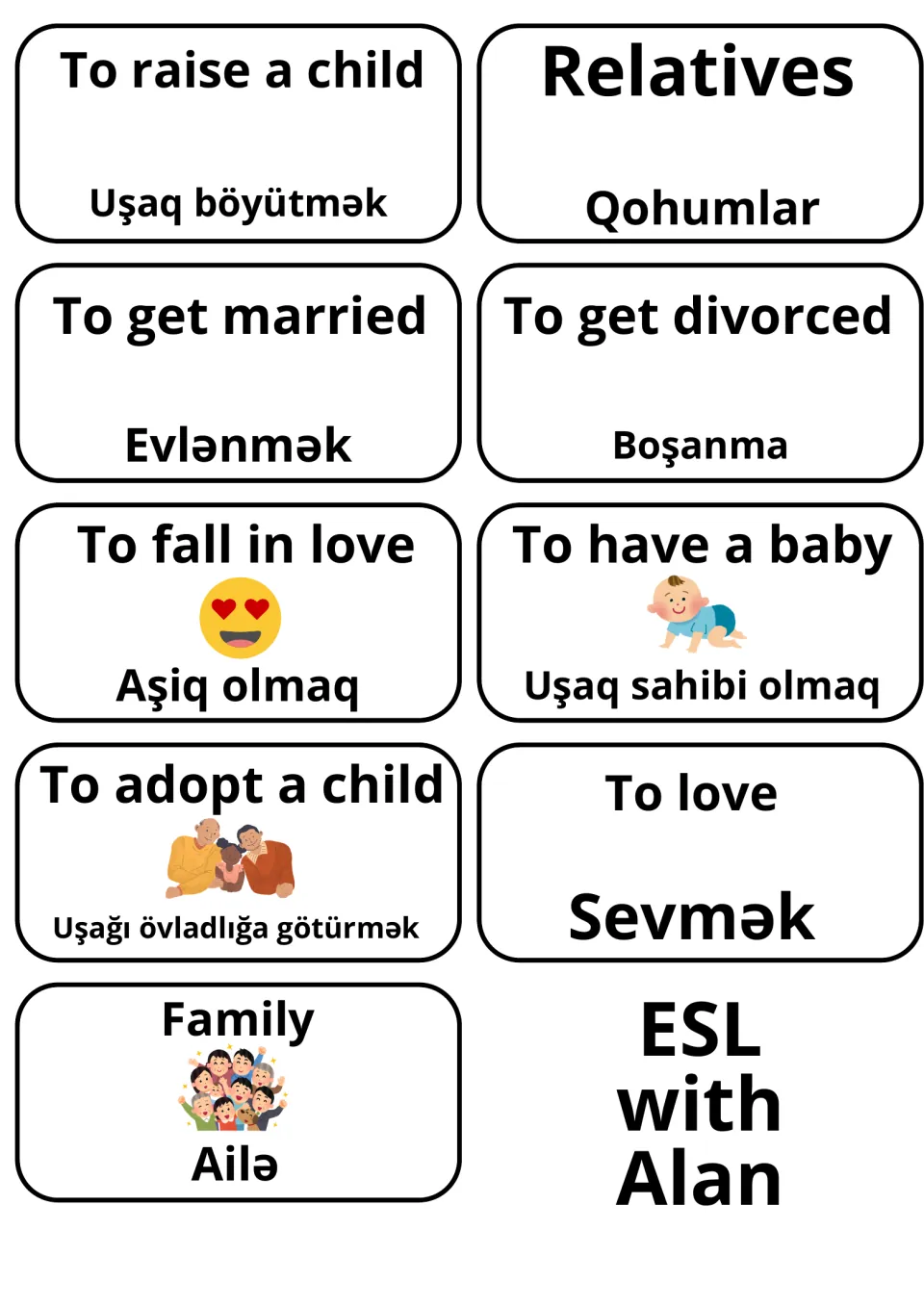 Family action verbs: To get married, To fall in love, To adopt a child and more in English and Azerbaijani, plus Family card