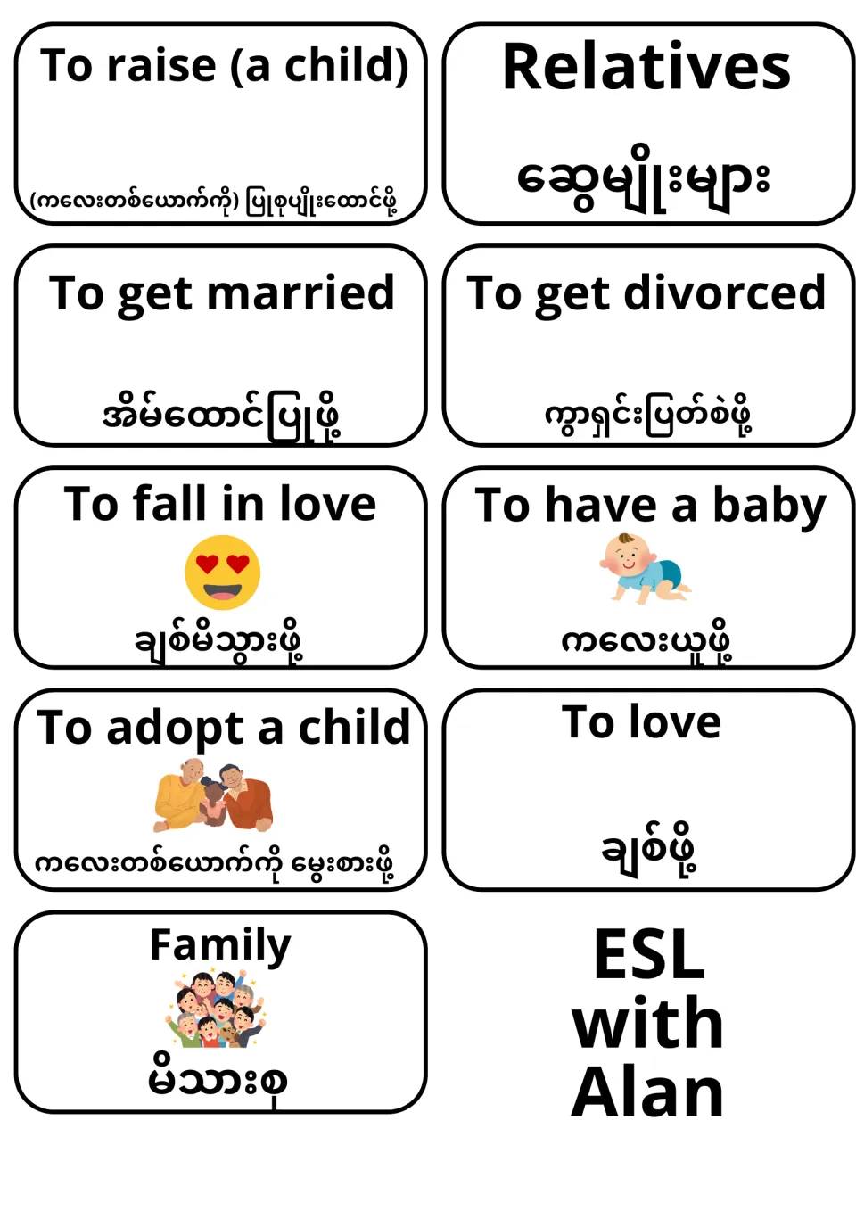 English-Burmese flashcards 51–59: to raise a child, relatives, to get married, family and five more terms