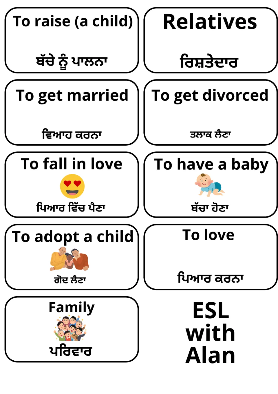 English–Punjabi flashcards 51–59: to raise a child, relatives, to get married, to love and five more.
