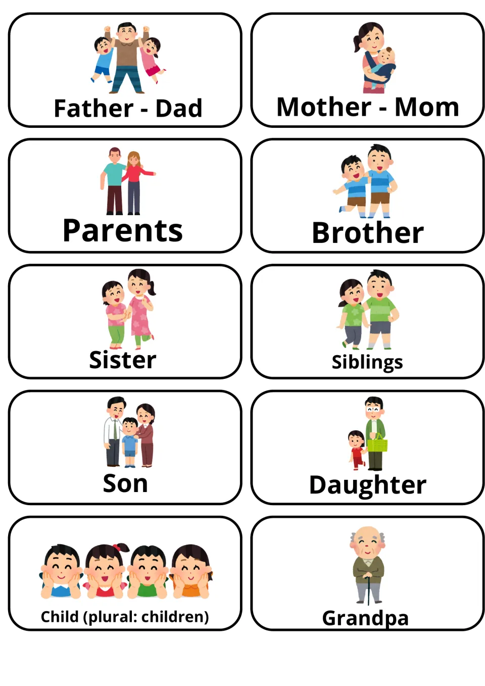 Family vocabulary flashcards 1–10: Father - Dad, Mother - Mom, Parents, Brother, Sister and five more.