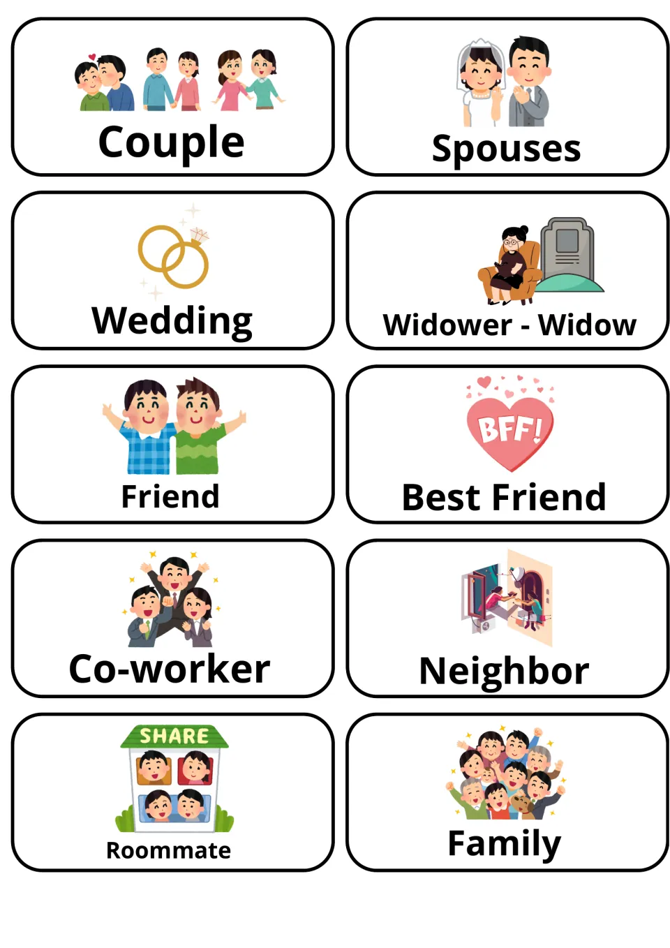 Relationship vocabulary flashcards 21–30: Couple, Spouses, Wedding, Widower - Widow and six more.