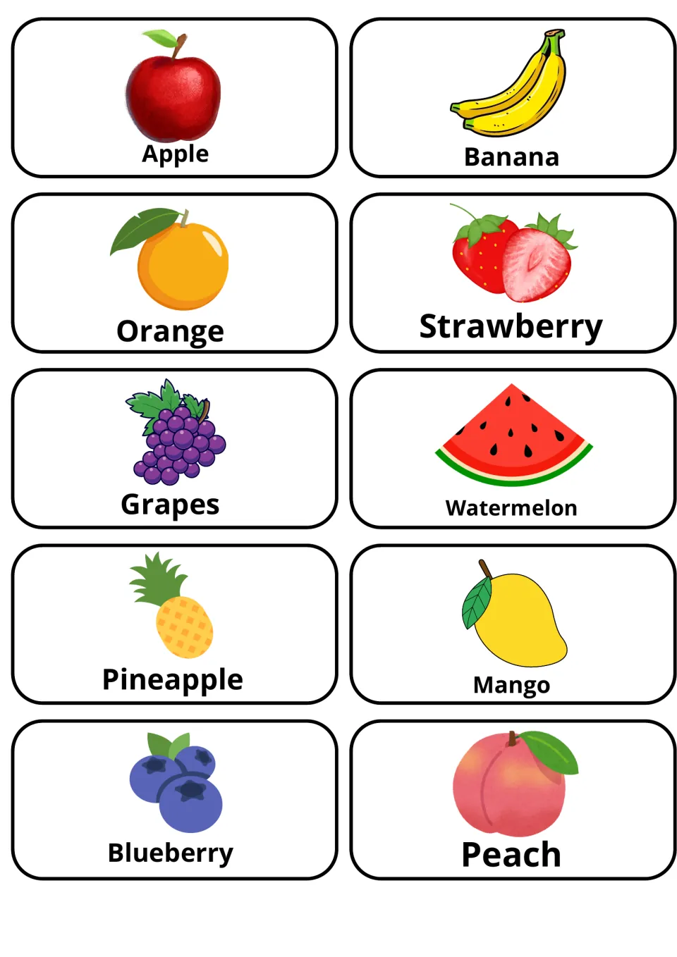Fruit picture cards: apple, banana, orange, strawberry, grapes, watermelon, pineapple, mango, blueberry and peach