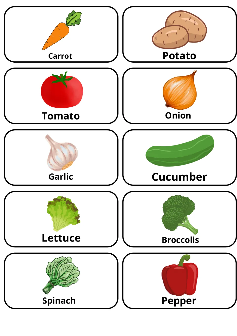 Vegetable word cards with pictures: carrot, potato, tomato, onion, garlic, cucumber, lettuce, broccoli, spinach and pepper