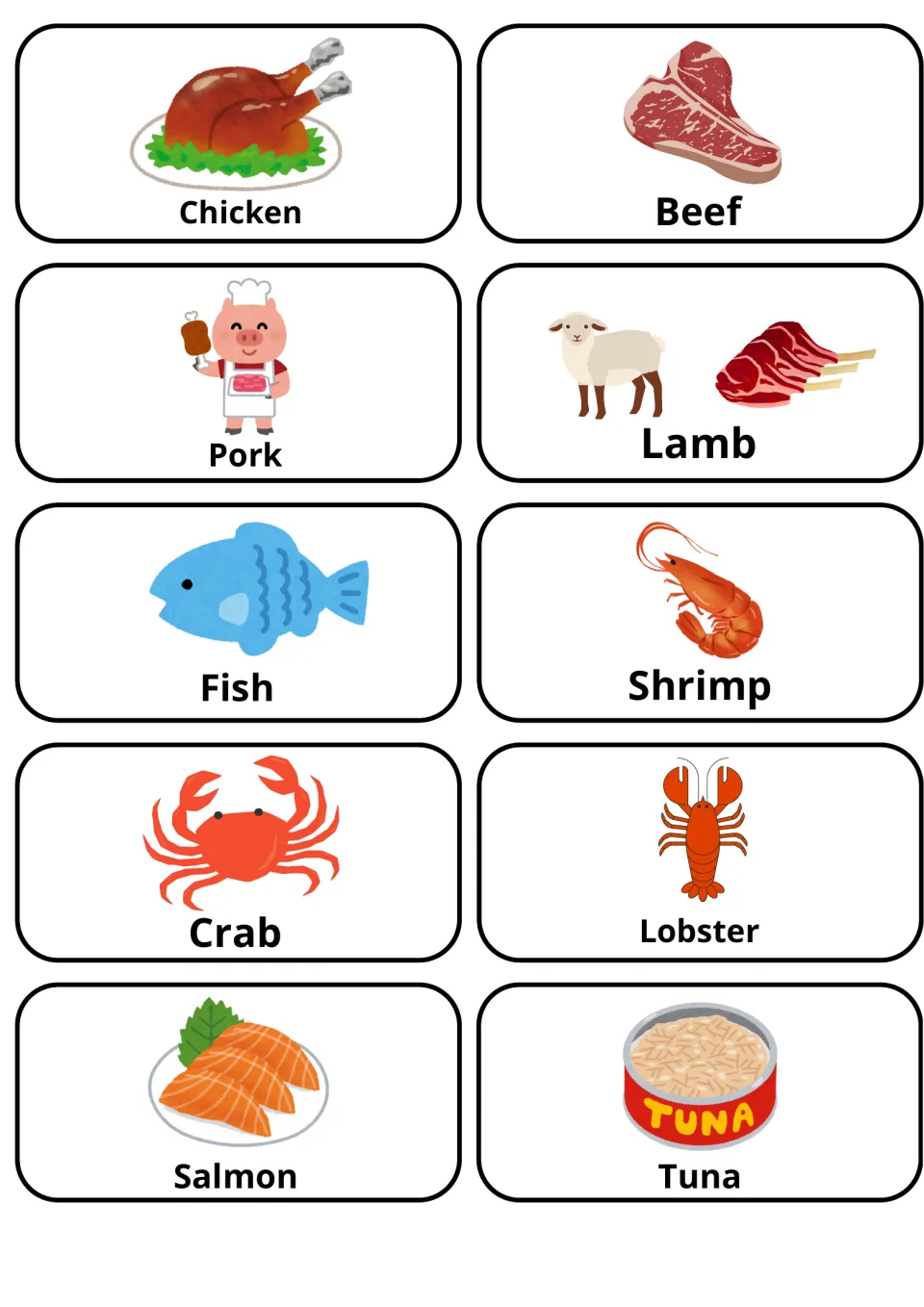 Meat and seafood picture cards: chicken, beef, pork, lamb, fish, shrimp, crab, lobster, salmon and tuna, each labeled
