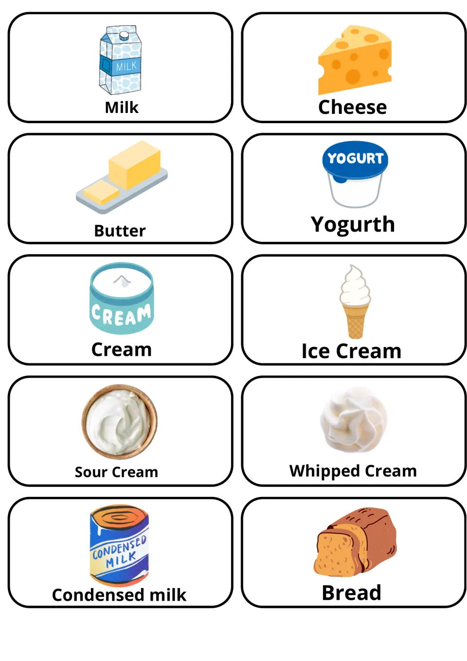 Dairy cards: milk, cheese, butter, yogurt, cream, ice cream, sour cream, whipped cream, condensed milk, plus bread