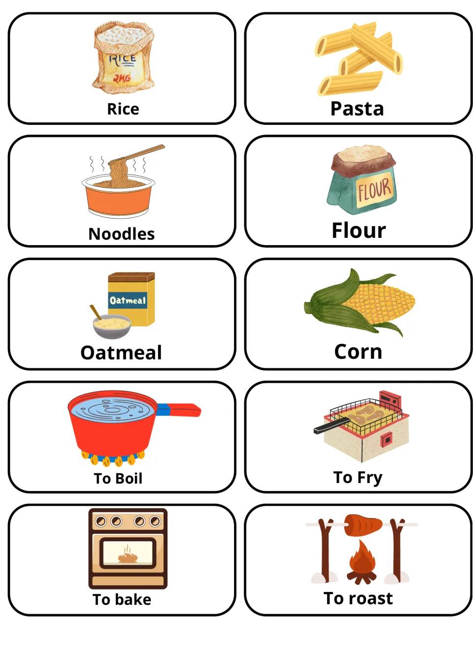 Grains and cooking verbs: rice, pasta, noodles, flour, oatmeal, corn, to boil, to fry, to bake and to roast, illustrated