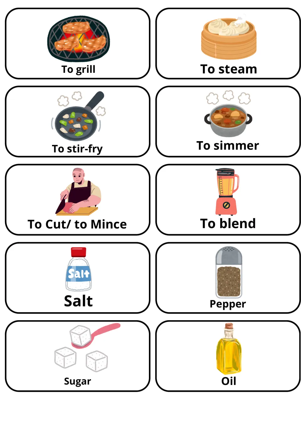 Cooking verbs and seasonings: grill, steam, stir-fry, simmer, cut/mince, blend, then salt, pepper, sugar and oil