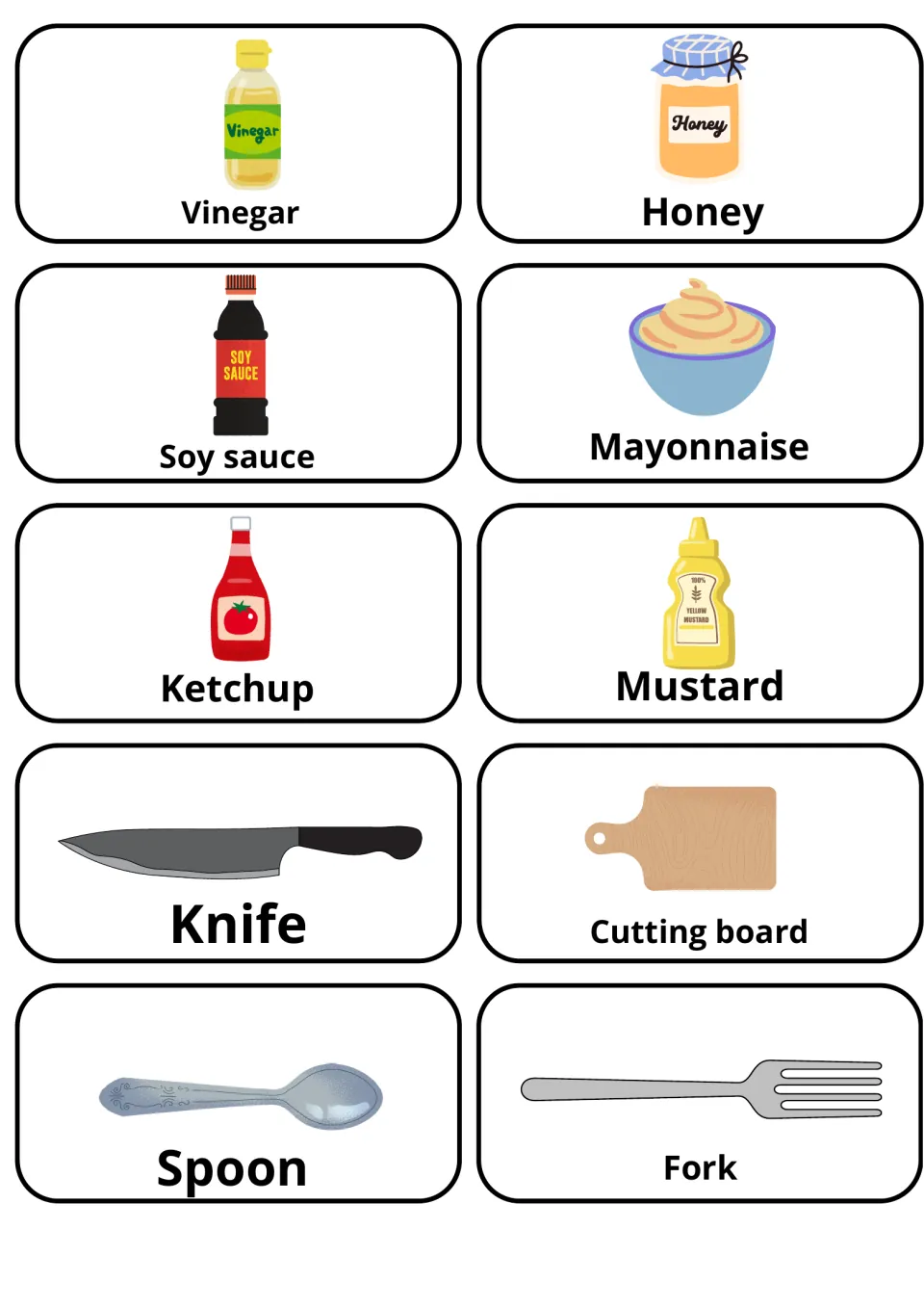 Condiment and utensil cards: vinegar, honey, soy sauce, mayonnaise, ketchup, mustard, knife, cutting board, spoon and fork