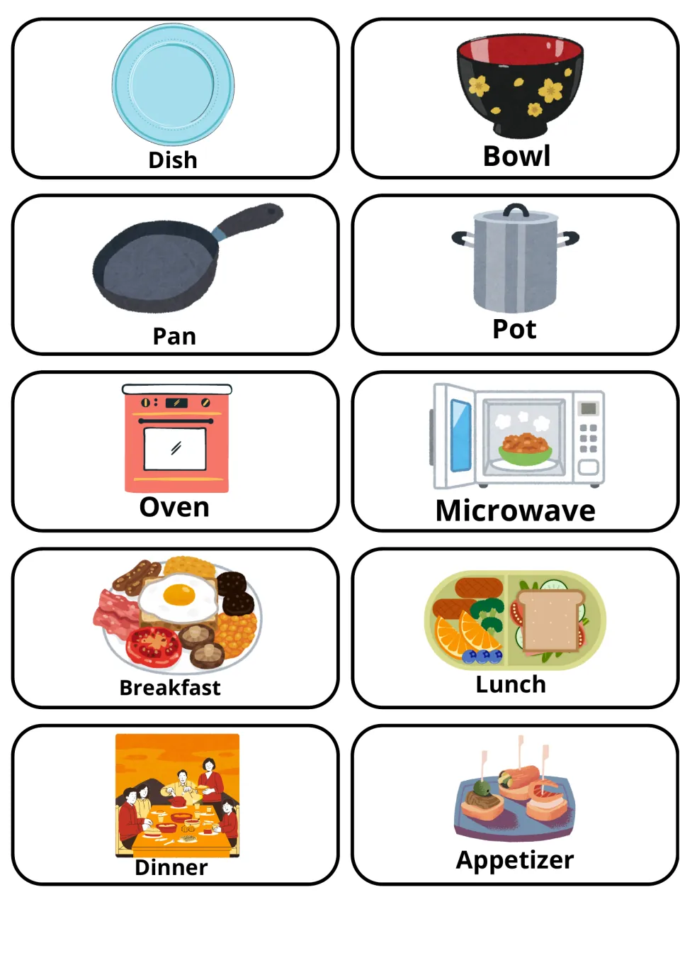 Kitchenware and meal-time cards: dish, bowl, pan, pot, oven, microwave, plus breakfast, lunch, dinner and appetizer