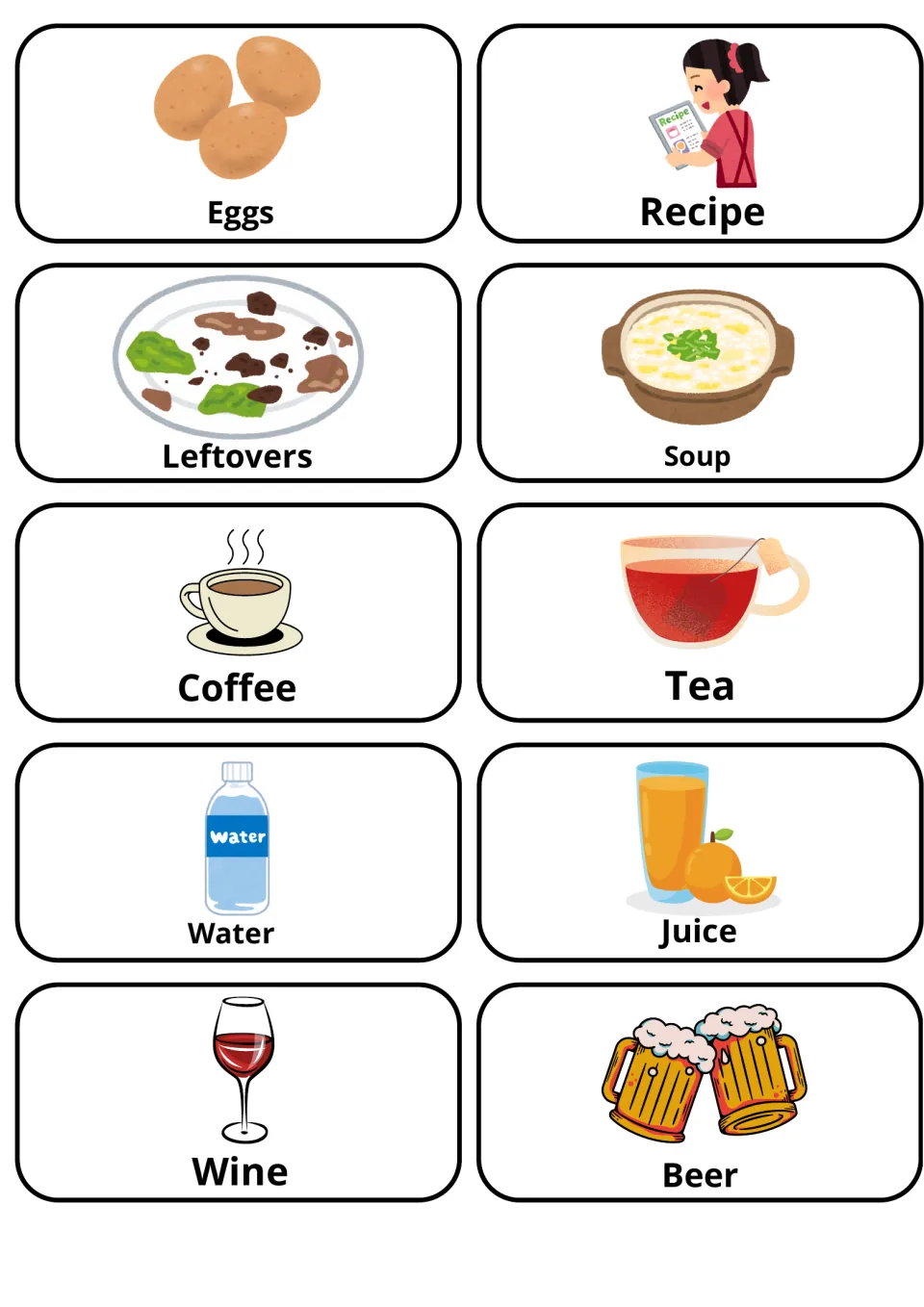 Food and drink cards: eggs, recipe, leftovers, soup, coffee, tea, water, juice, wine and beer, each illustrated