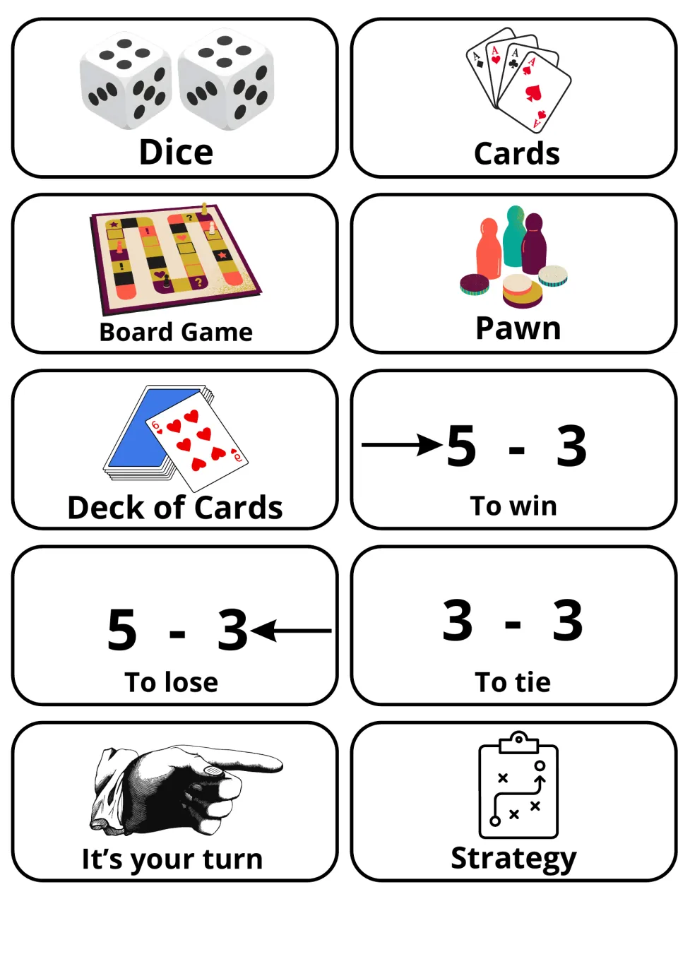 Game vocabulary flashcards: 10 picture cards for dice, cards, board game, pawn, to win, to lose, to tie and strategy