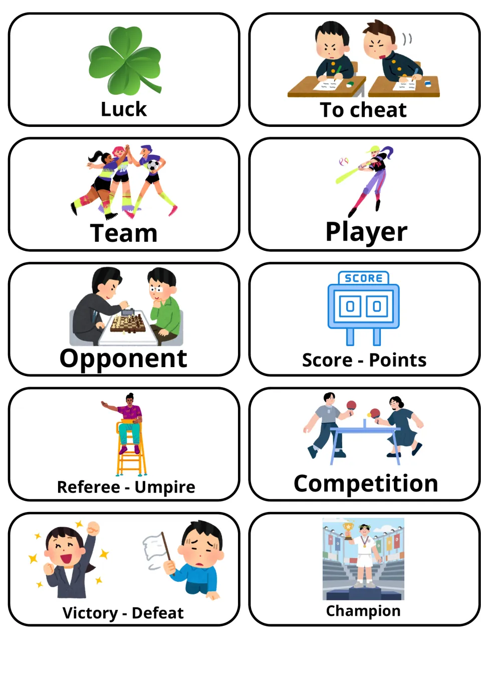 Competition vocabulary picture cards: luck, to cheat, team, player, opponent, score, referee, victory-defeat, champion