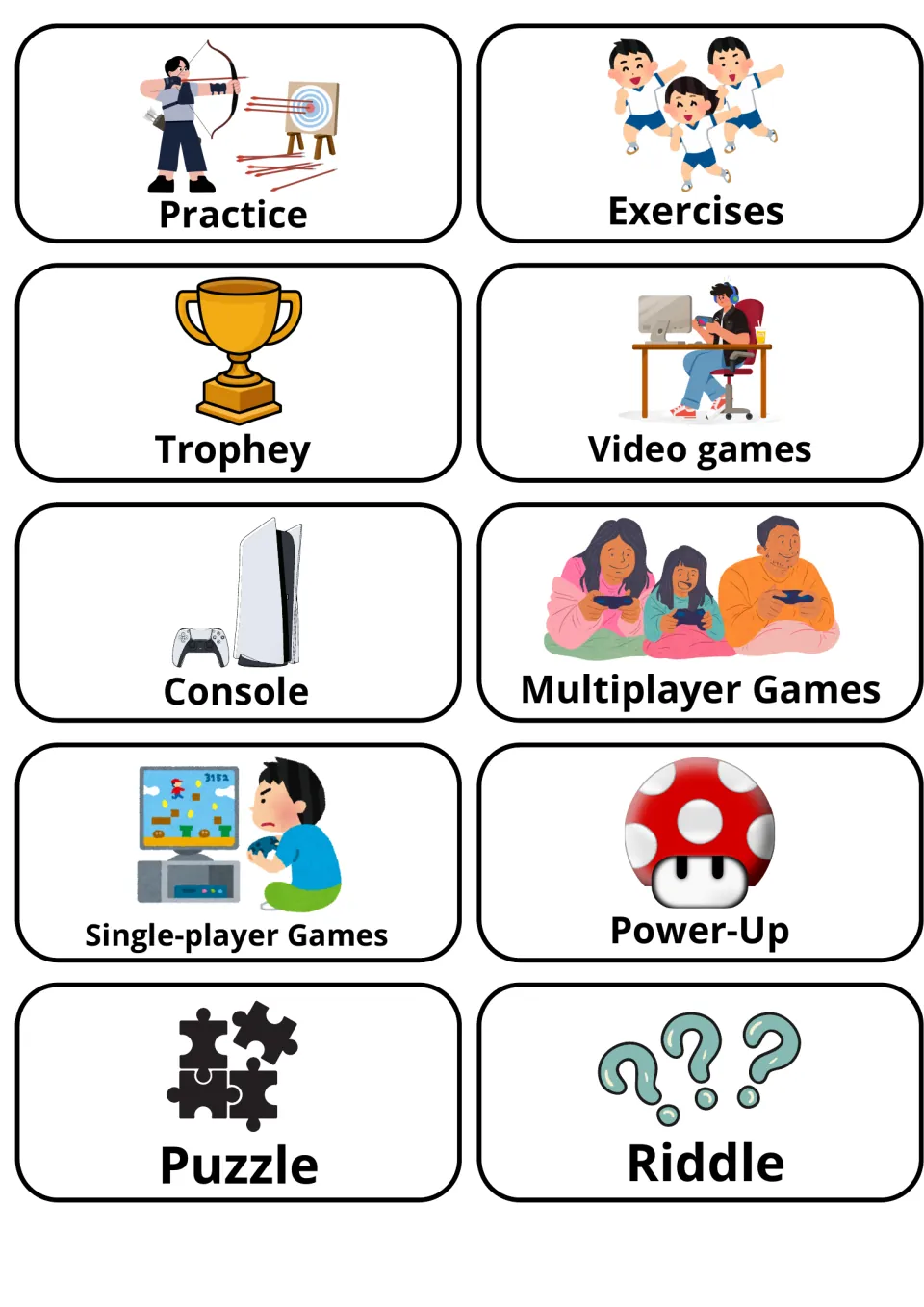 Video game and puzzle vocabulary cards with pictures: practice, trophy, console, multiplayer, power-up, puzzle, riddle