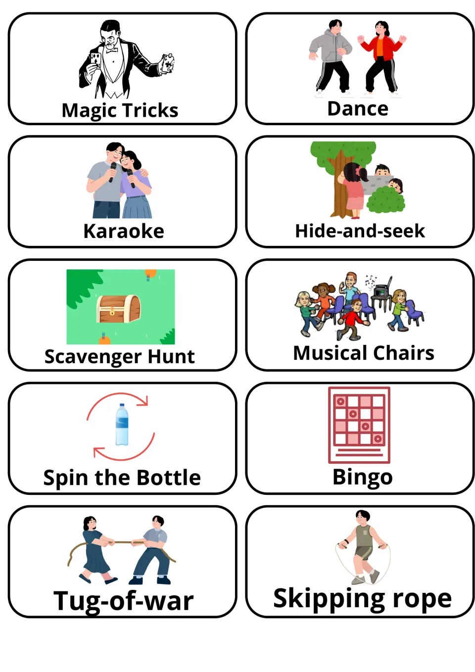 Party game and activity picture cards: magic tricks, karaoke, hide-and-seek, musical chairs, bingo, tug-of-war