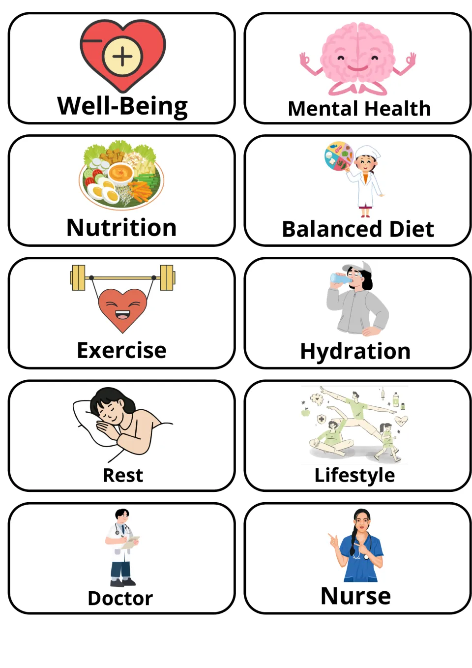 Wellness picture flashcards: 10 labeled cards for well-being, mental health, nutrition, exercise, rest, doctor and nurse