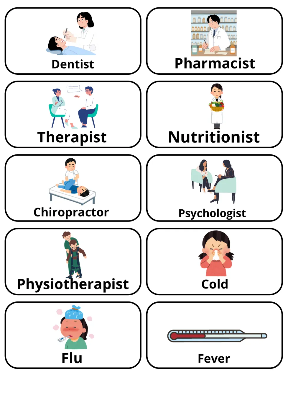 Health worker and illness flashcards: pictures for dentist, pharmacist, therapist, psychologist, cold, flu and fever