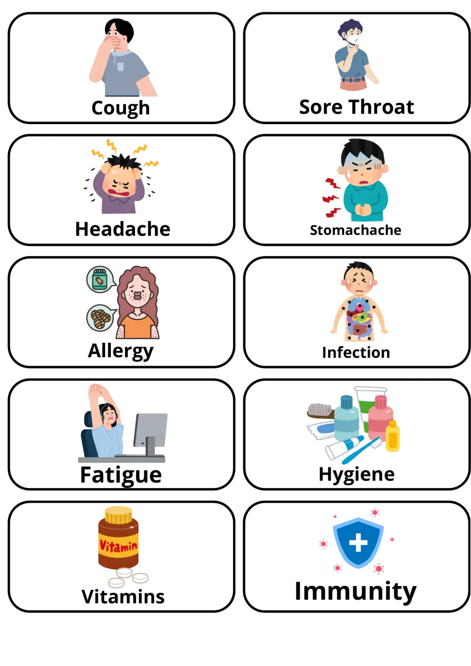 Symptom and self-care flashcards: pictures for cough, sore throat, headache, allergy, fatigue, hygiene and immunity