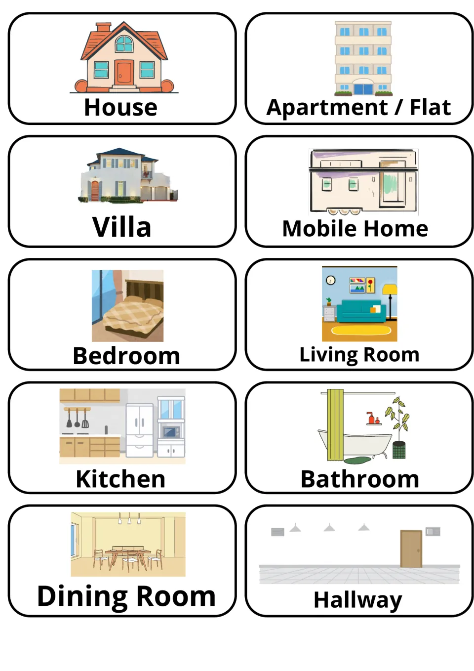 Home types and rooms picture flashcards: house, apartment/flat, villa, mobile home, bedroom, kitchen, bathroom, hallway