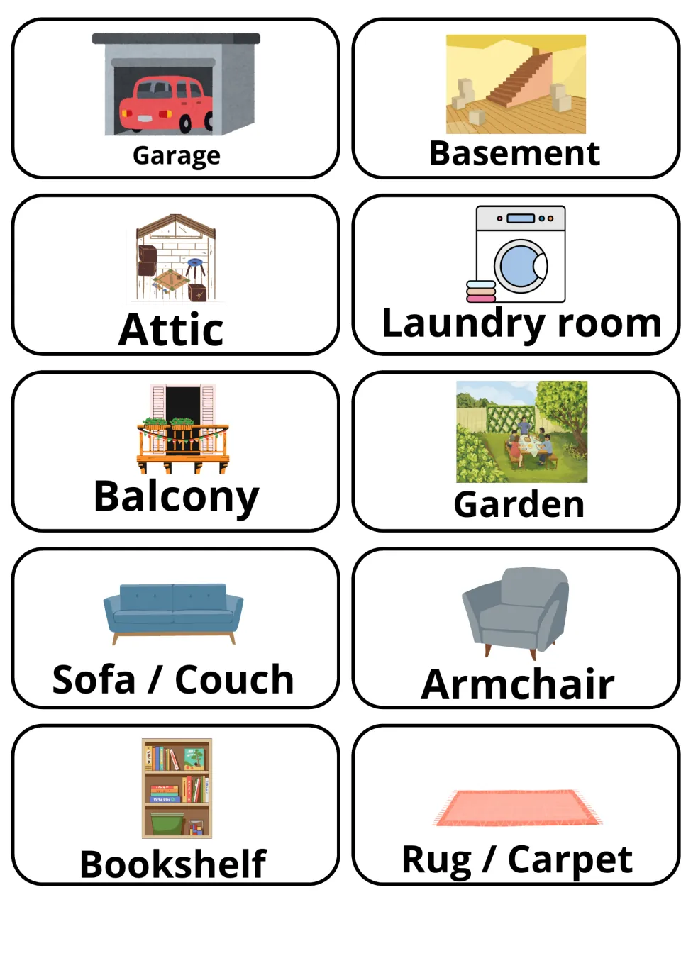 Home spaces and living room furniture flashcards: garage, basement, attic, laundry room, balcony, garden, sofa, armchair