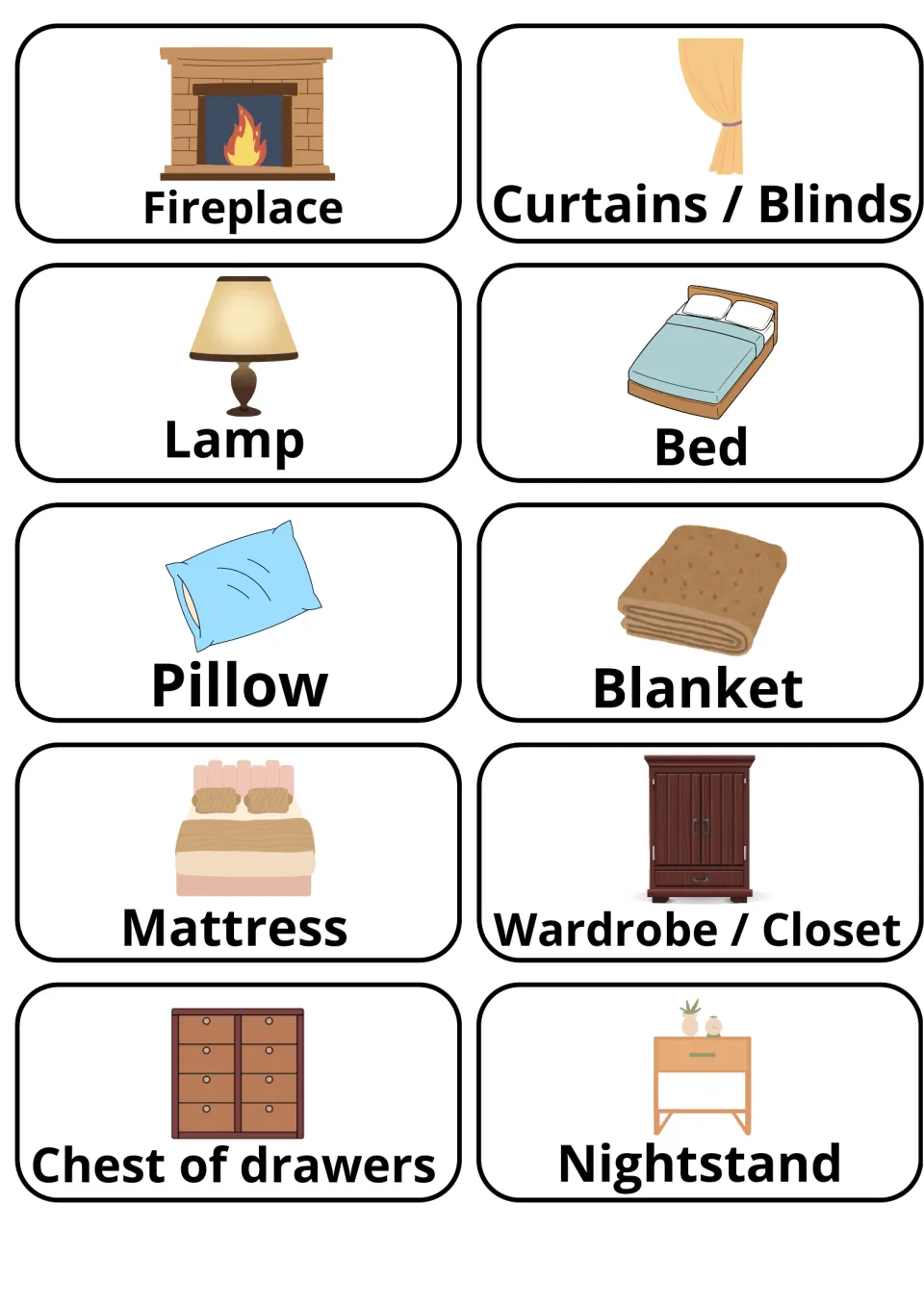 Furniture and bedding picture flashcards: fireplace, lamp, bed, pillow, blanket, mattress, wardrobe, chest of drawers
