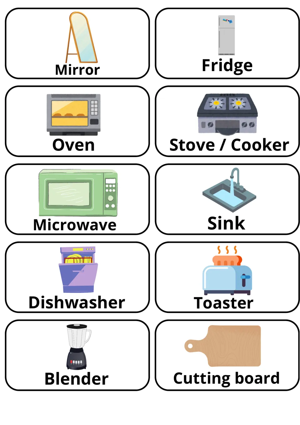 Mirror and kitchen appliance flashcards: fridge, oven, stove/cooker, microwave, sink, dishwasher, toaster, blender