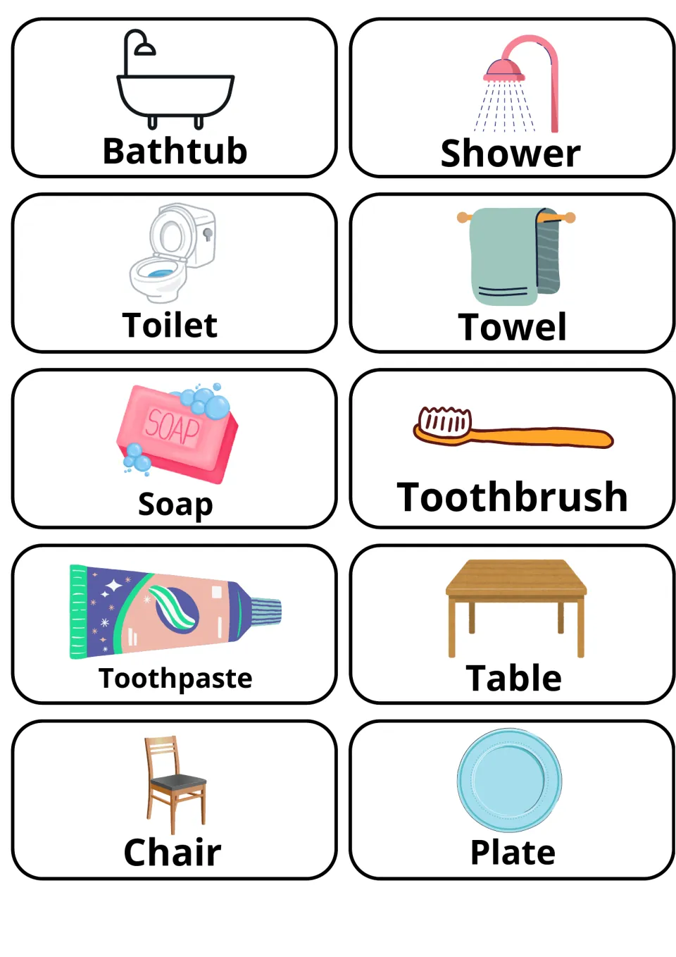Bathroom and dining picture flashcards: bathtub, shower, toilet, towel, soap, toothbrush, toothpaste, table, chair, plate