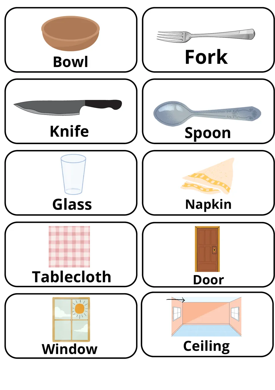 Tableware and house part picture flashcards: bowl, fork, knife, spoon, glass, napkin, tablecloth, door, window, ceiling