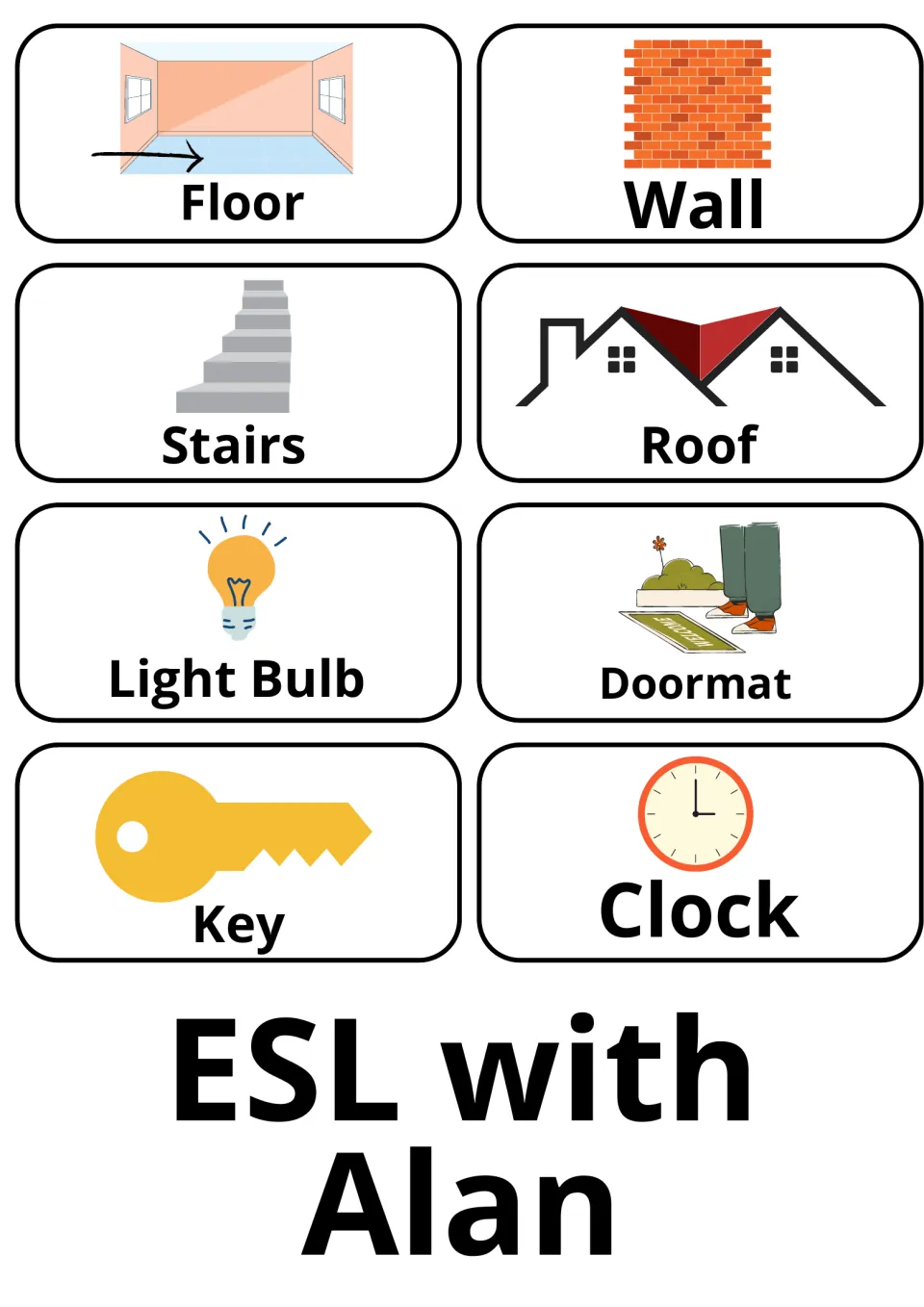 House parts and household item flashcards: floor, wall, stairs, roof, light bulb, doormat, key, clock, then ESL with Alan