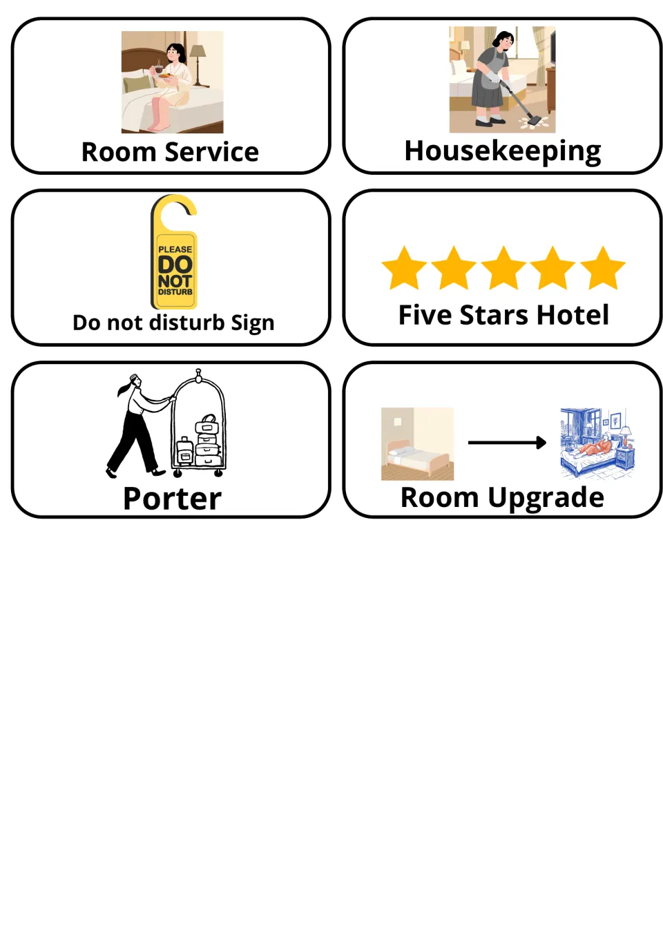 Hotel services picture cards: room service, housekeeping, do not disturb sign, five stars hotel, porter and room upgrade