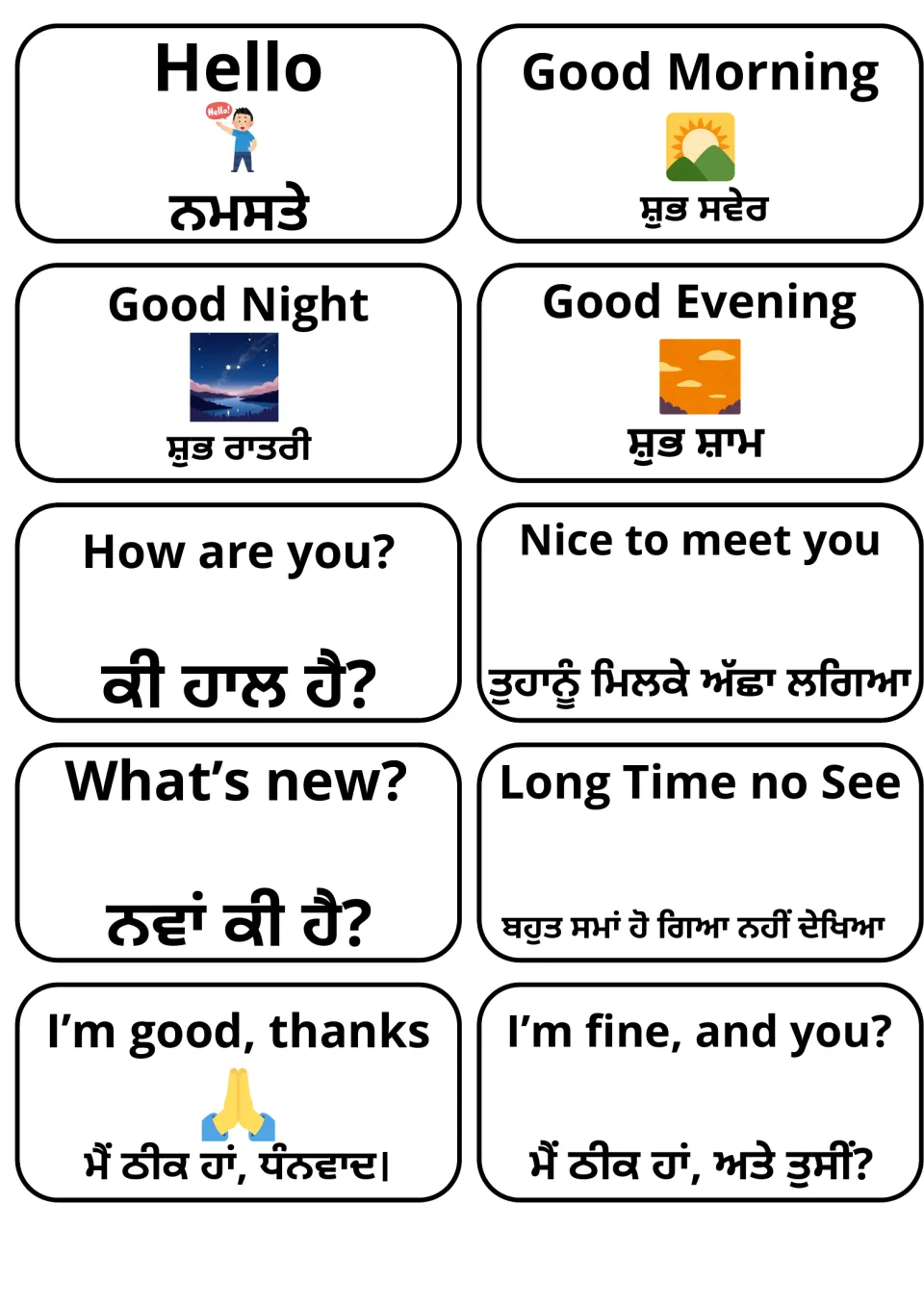 Greetings flashcards: 10 English phrases like Hello, Good Morning and How are you? each paired with Gurmukhi Punjabi